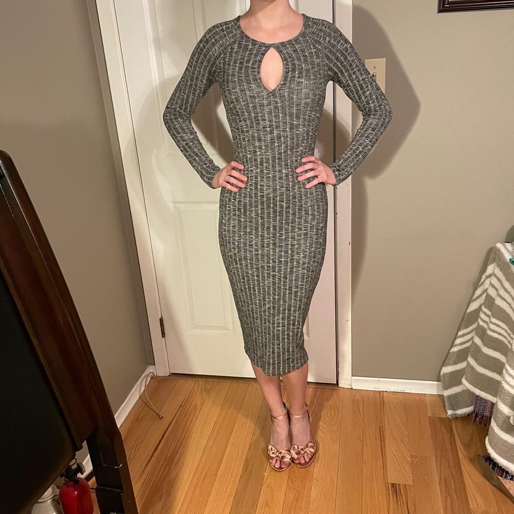 Seduction, long grey striped sweater dress, size 2